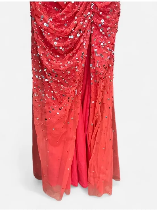 Y2K Cache Salmon Coral Sequin Ruched Formal Maxi Gown Dress Size 4 - Image 6