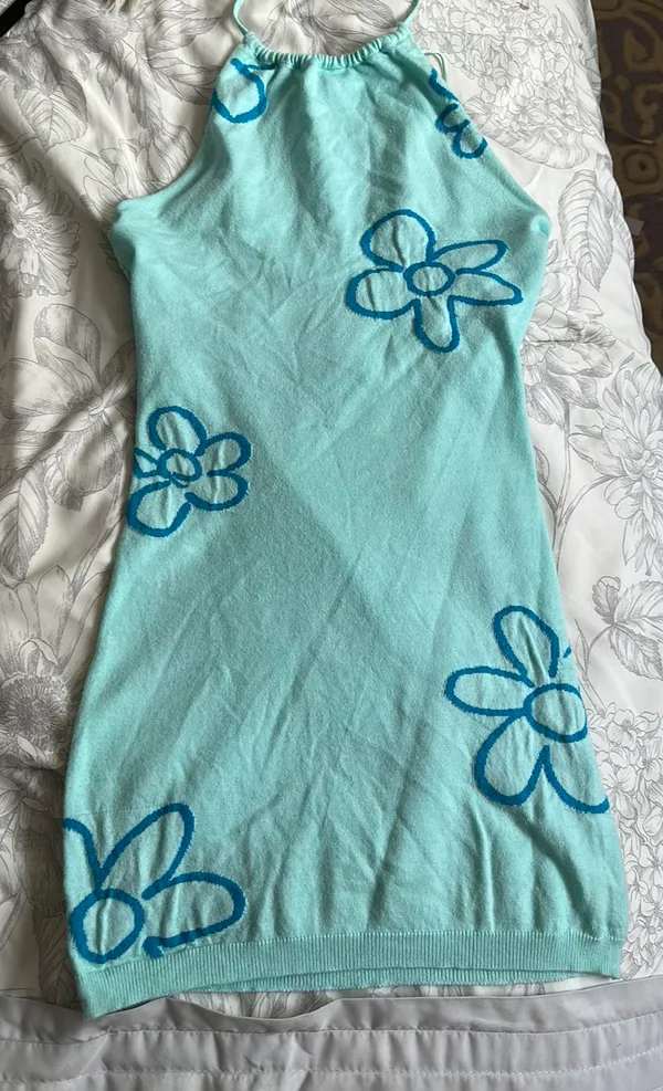 Boutique Blue Floral Halter Low Back Dress - Image 2