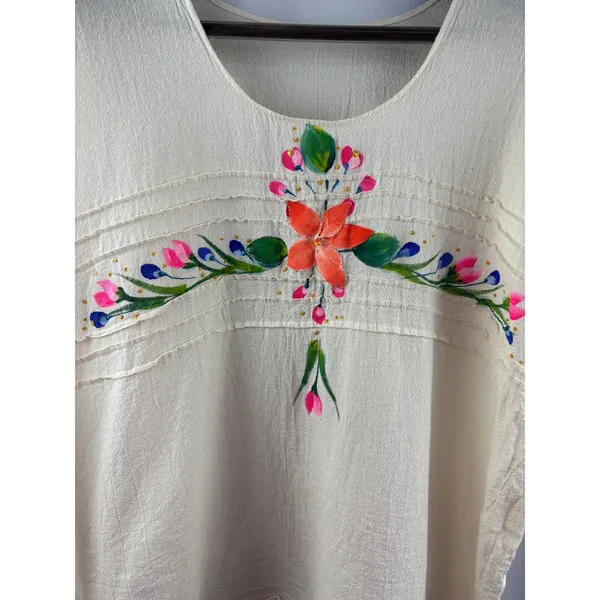 Women’s Handmade XL Cream Floral Embroidered Blouse - Image 2