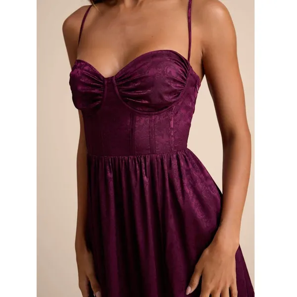 NEW Lulus Vasilia Plum Purple Satin Jacquard Full Tiered Corset Maxi Dress Small - Image 5