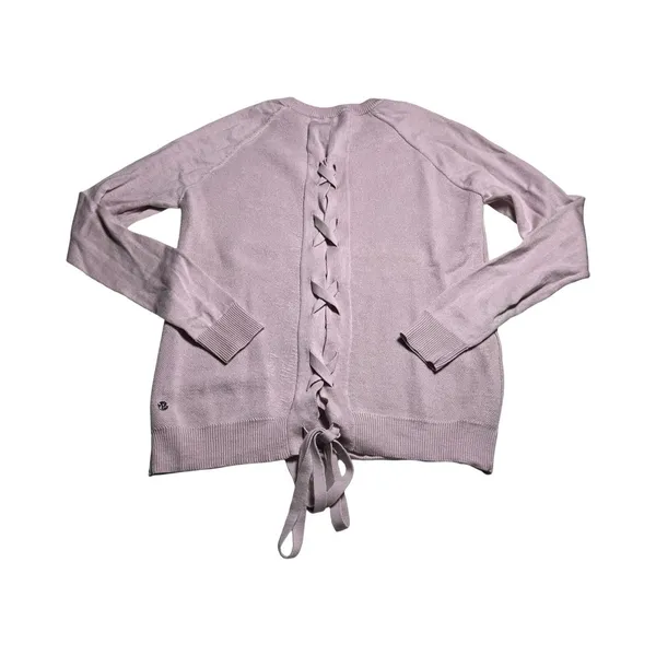 Lululemon Merino Wool Lace Up Back Sweater Pink Lavender Crew Neck‎ Size 4 - Image 4