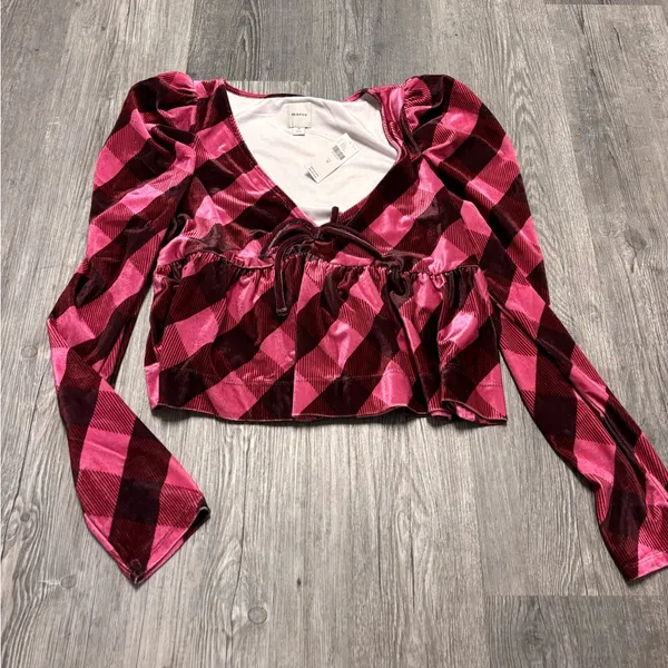 Maeve Anthropologie Velvet Babydoll Plaid Top - Image 2