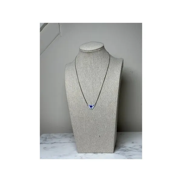 Vintage Heart Pendant Necklace Blue Flower Accents On Silver Chain Forget Me Not - Image 3
