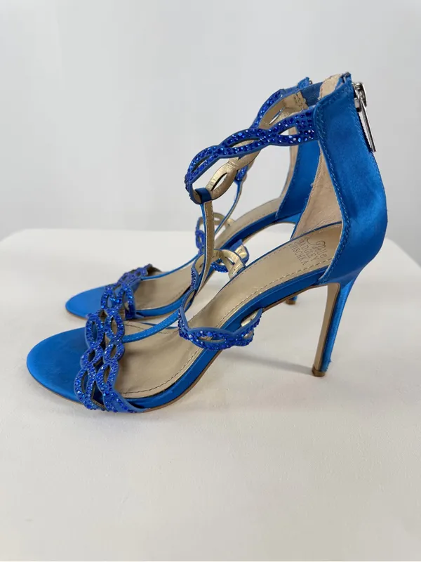 Belle Badgley Mischka Cobalt Blue Beaded Satin T-Strap Heels‎ Size 7 - Image 5