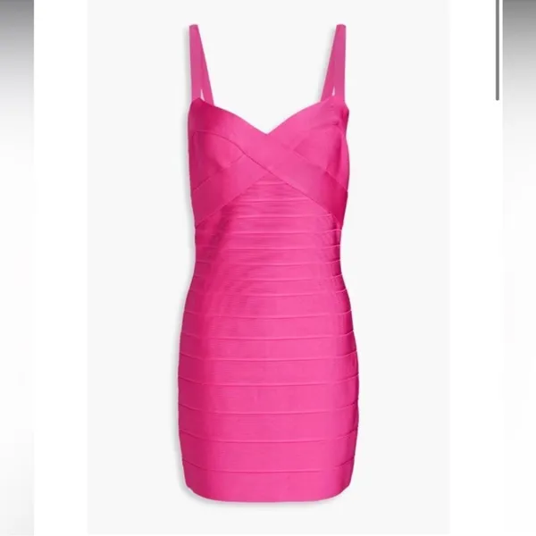 HERVE LEGER Paris Pink Bandage Mini Dress Sweetheart Neckline Hot Pink Bodycon M - Image 3