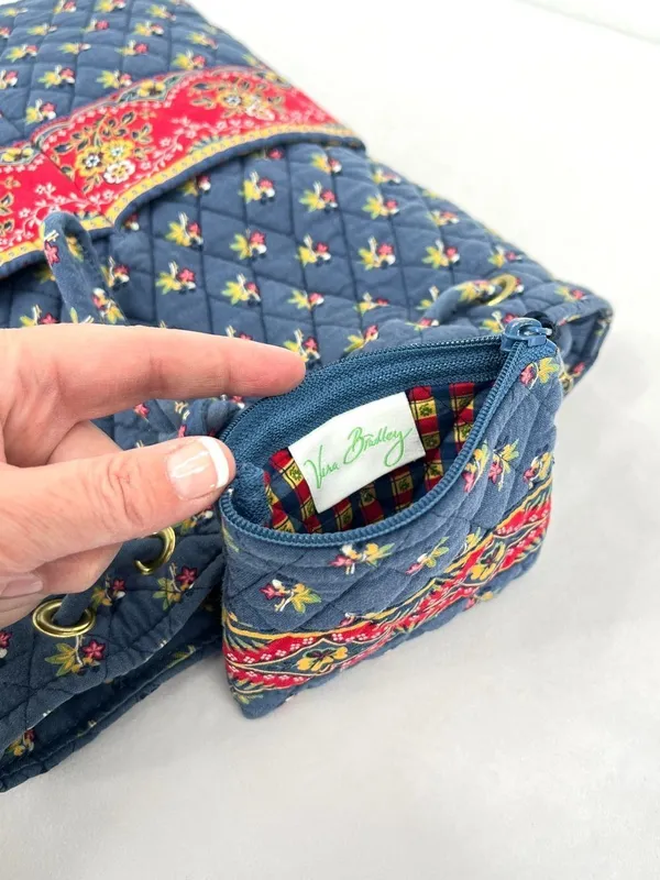 Vintage Vera Bradley Ditty Bag Provencal Blue Quilted Cotton Drawstring Backpack - Image 6