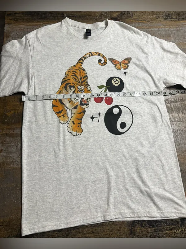 Gildan Light Gray Tee with Tiger, Butterfly, Cherries & Yin Yang Graphics - Image 6