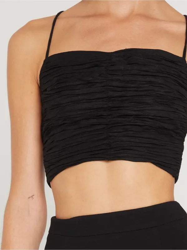 NWT kourt Debo Top size XS ruched black crop halter tie back Few Moda linen - Image 5