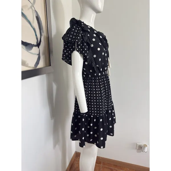 Zara Polka Dot Mini Dress Black White Ruffle Sleeve V-Neck Boho Summer Tassel XS - Image 4