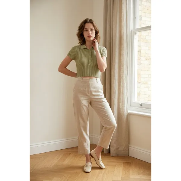 Brandy Melville Sage Green Ribbed Knit Polo Crop Top Small Cotton Short Sleeve - Image 8