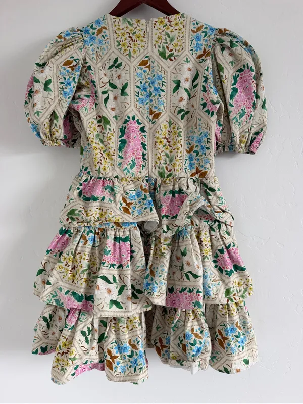 Hunter Bell Porter Dress Size 6 Floral Tile Puff Sleeve Tiered Mini Dress - Image 5