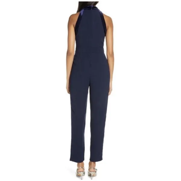 1901 Women's Velvet Trim Halter Jumpsuit with Bow Dark Blue‎ Size 8 Ultrachic - Image 3