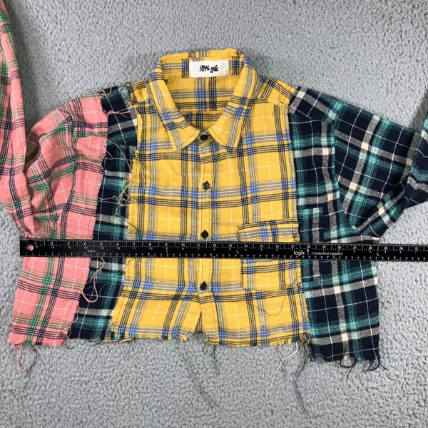 Patchwork Flannel Shirt Women L Cropped Colorblock Plaid‎ Grunge Punk Raw Hem - Image 7