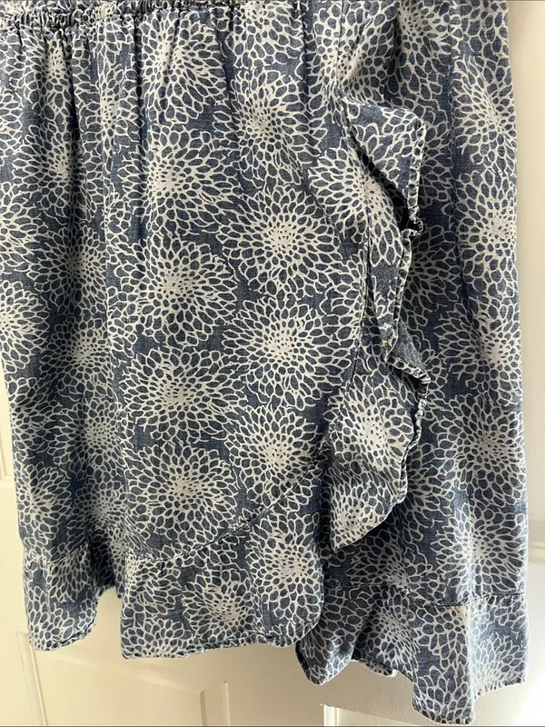 J. Crew Light Blue Denim Floral Printed Faux Wrap Mini Dress - Size Small - Image 8