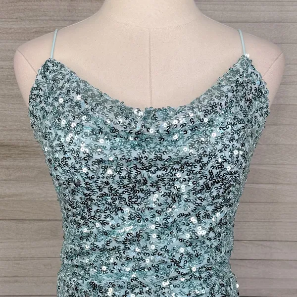 WINDSOR Blue Sequined Bodycon Mini Dress with Draped Neck & Cutout Back-Medium - Image 2