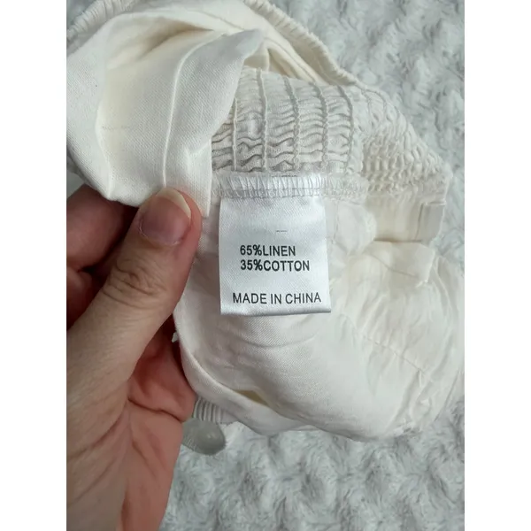 Hello Molly White Linen Cotton Puff Sleeves Criss Cross Smocked Crop Top S - Image 5