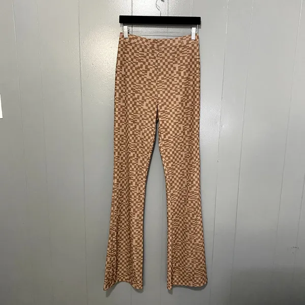 White Fox Boutique Brown Checkered High Rise Mesh Pull On Flare Pants M - Image 2