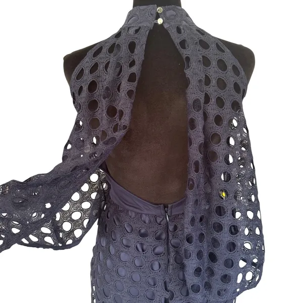Navy Blue Eyelet‎ Lace Halter Romper High Neck Open Back Scalloped Hem Navy 0236 - Image 5