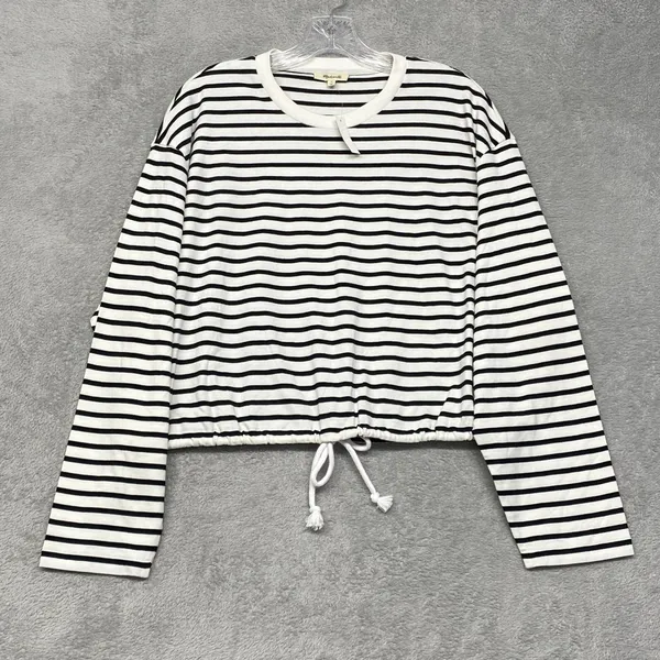Madewell Top Womens M Black White Striped Drawstring Hem Long Sleeve‎ Tee NZ385 - Image 2