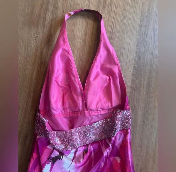 Morgan & Co Pink Floral Maxi Dress 5/6 Y2K Halter Sequin Formal Prom Gown - Image 6