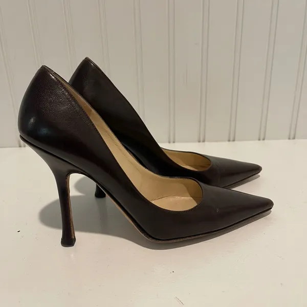 Jimmy Choo London Heels Pumps Pointed‎ Toe Leather Brown Designer Shoes 36.5/6.5 - Image 4