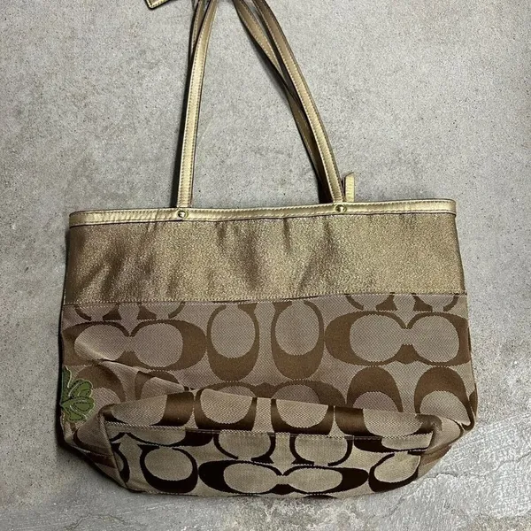 COACH Brown Signature Floral Embroidered Jacquard & Gold Leather Satchel Tote - Image 2