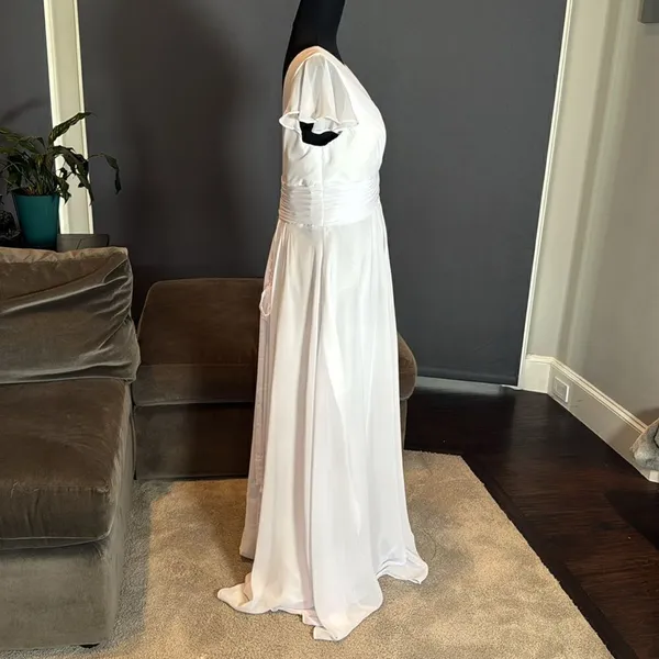 Women’s White Full Length Chiffon Dress Flutter Sleeves Corset Back Size 14 - Image 4