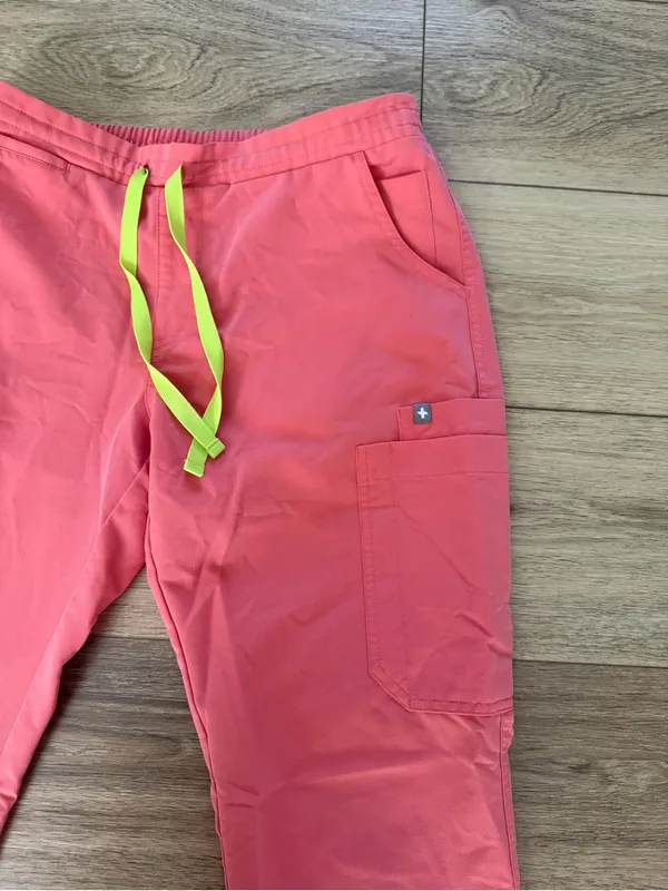 Figs Coral Drawstring Cargo Joggers with White Tie - Image 11