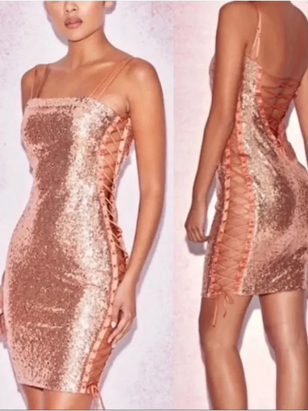 House of‎ CB Harlee Sequin Lace Up Back dress size L - Image 2