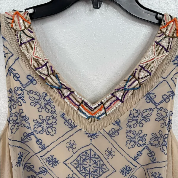 Free People Dress Womens M Beige Beaded Shift Short Sleeveless V-Neck Boho - Image 6