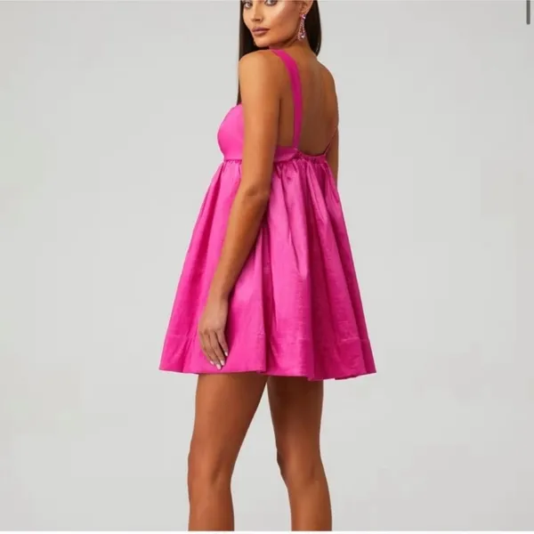 For Love & Lemons Selena Bright Pink Mini Babydoll Plunge Preppy HOT Dress NWT - Image 4