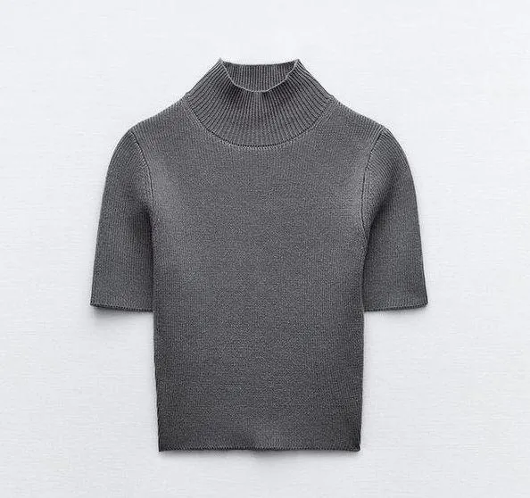 ZARA Gray Short Sleeve  ribbed knit Top - Image 4