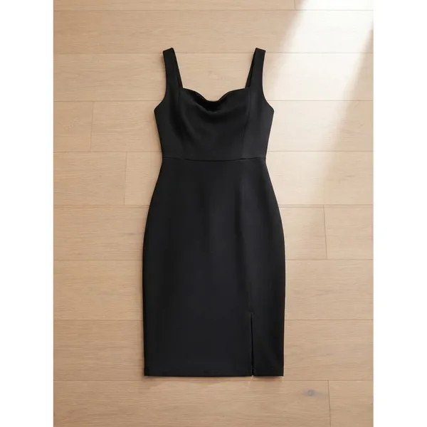 Lulus Women Dress Medium Black Bodycon Cowl Neck Front Slit Midi JD10964 - Image 2