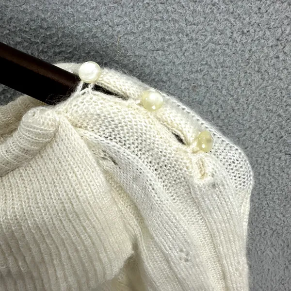 Vintage Sweater Womens Medium Ivory Mohair Blend Open Knit Ruffle Grandma‎ Regal - Image 6