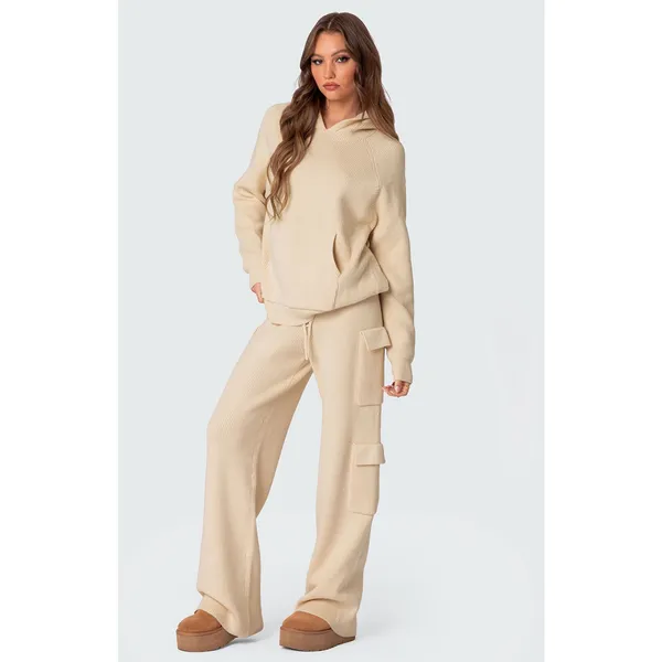 Edikted Wynter Knit Cargo Pants Size Medium Cream Ribbed Wide Leg Loungewear - Image 3