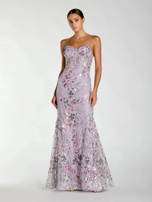 NWOT MAC DUGGAL 69049 Purple Spaghetti Strap Floral Embroidered Trumpet Gown - Image 3