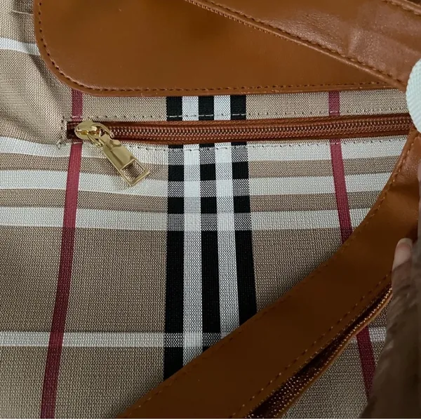 Plaid Backpack with Buckle Accents Brown - Image 3