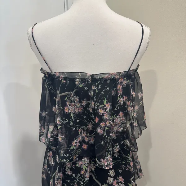 VTG 60-70s Black Chiffon Tiered Midi Dress Pink Floral Coquette Fairy Cottage XS - Image 7