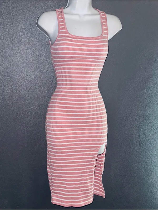 Women’s Pink & White Striped Midi Sundress Bodycon Dress size Small - Medium - Image 4