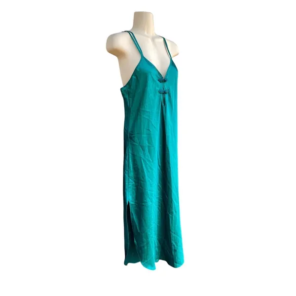 Vtg California Dynasty Emerald Green Satin Maxi Slip Dress Size S Chinese Knot - Image 5