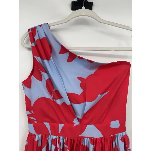 One Shoulder Maxi Dress SM Red Blue Floral Swing Pleated Vacation Resort Summer - Image 3