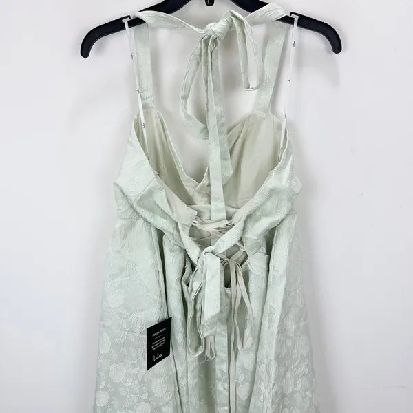 Lulus Precious Allure Light Sage Green Jacquard Tie-Strap Mini Dress Large NWT - Image 7