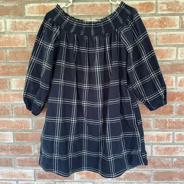 Abercrombie Fitch Plaid Off Shoulder Mini Dress Navy White Women’s Large - Image 2
