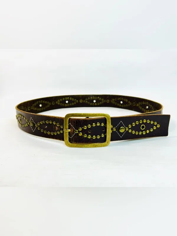 Western Brass Studded Belt, Brown Faux Leather with Studded Design - Image 7