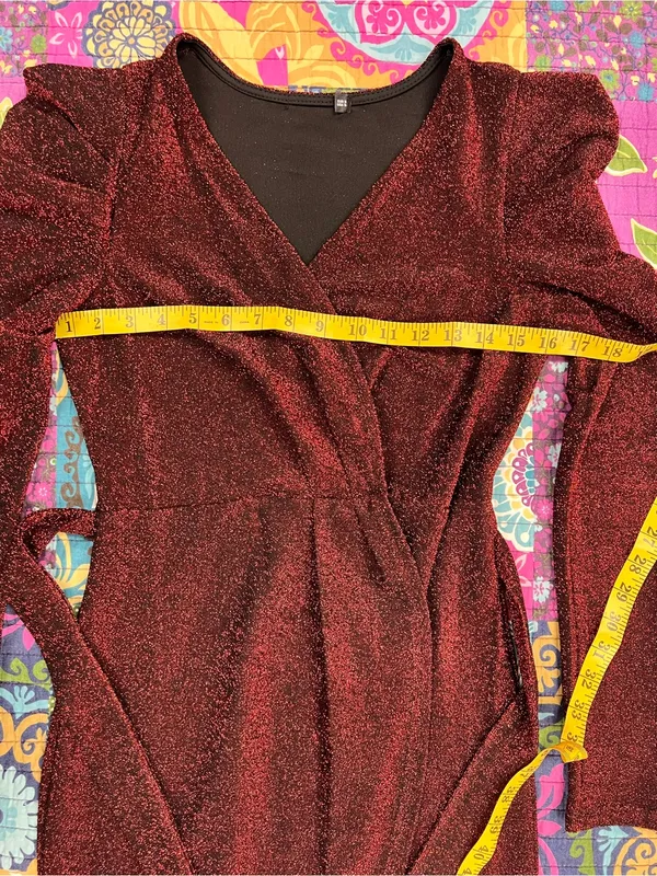 Elegant Burgundy Shimmer Faux Wrap Dress - Puff Sleeves Tulip Hem - Image 6