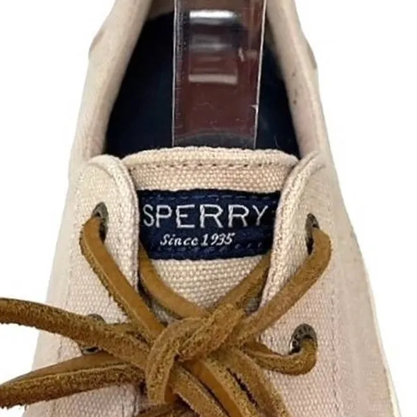 SPERRY Crest Vibe Oat Beige Linen Sneaker Cowhide Leather Laces ~ Women's Size 8 - Image 6