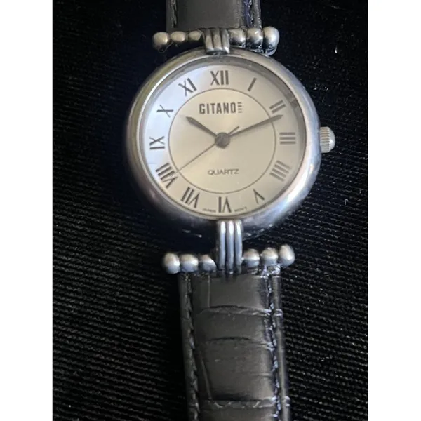 Vintage Gitano Womens Watch Roman Numerals Leather Strap Silver - Image 3