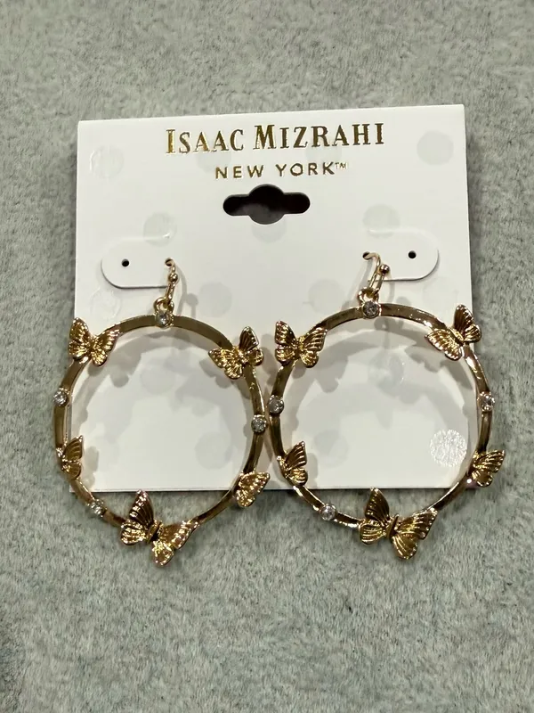 2/20 Isaac Mizrahi Gold Butterfly drop dangle Hoop Earrings Crystal Accents - Image 2