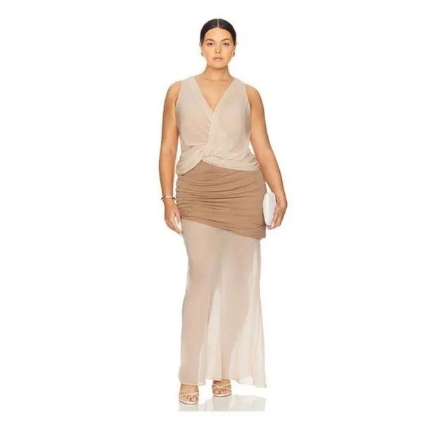 L'Academie Sleeveless Two Tone Beige Tan Chiffon Overlay Formal Evening Gown S M - Image 16