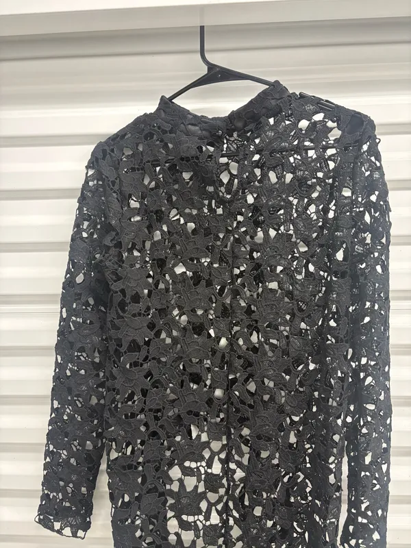 Pretty Garden Womens Black Lace Sheer Layered Round Neck Long Sleeve Midi S - Image 4